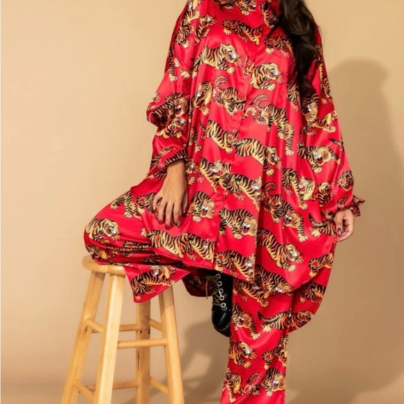 Dressed in Lala Red Tiger Print Satin PANTS ONLY large - Picture 3 of 12